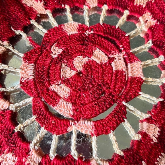 Vintage Hand Crocheted Doily Over Round Mirror - Picture 5 of 5